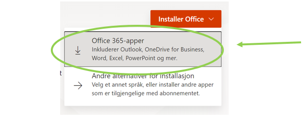 Viser at du må klikke på "Office 365 apper" for installering. - Klikk for stort bilde