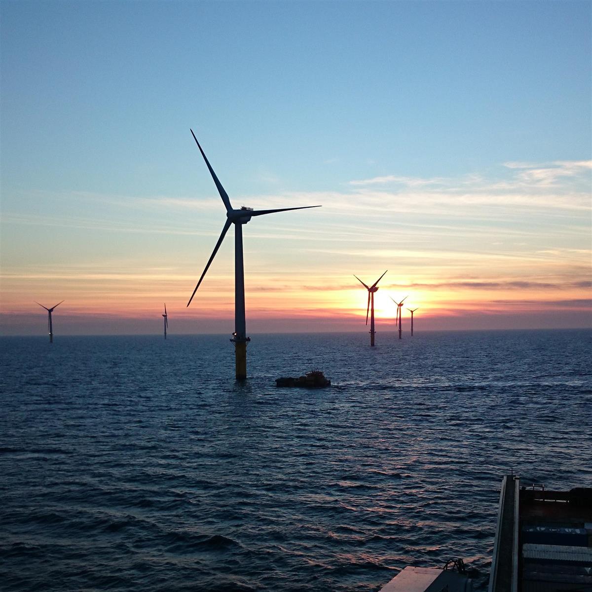 Bilde av vindkraft i solnedgang. - Klikk for stort bilde